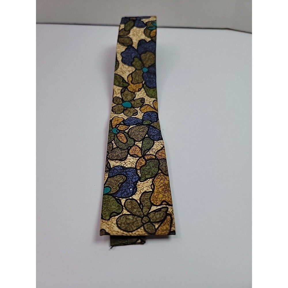 Hawaii Ernst Batik Floral Necktie Skinny Tie Blue Green Gold Abstract Flower - Picture 7 of 10